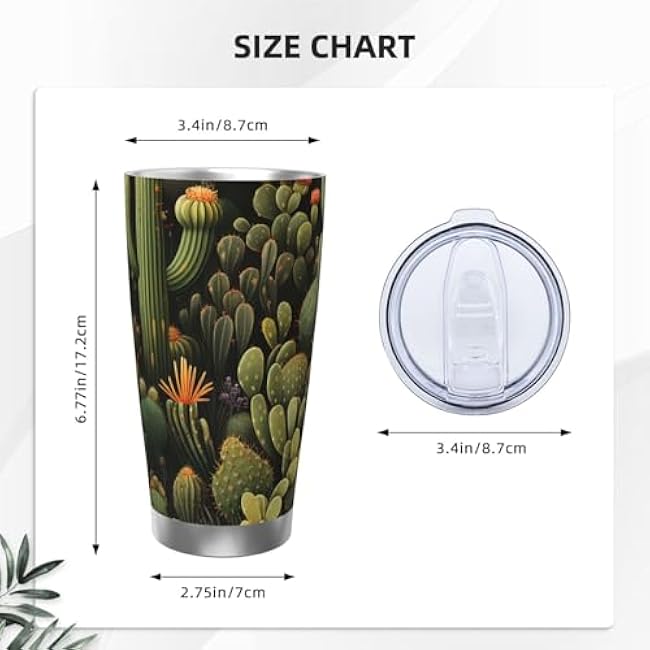 20 oz Tumbler Stainless Steel Insulated Travel Coffee Mug with Lid and Straw Car Travel Mug Double Wall Vacuum Coffee Cup Green Cactus Thermal Cup for Hot & Cold Drinks