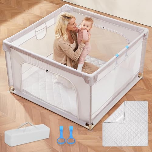 Baby Playpen with Mat, DOYABKY 45x45 Inches Portable Playyard for Babies & Toddlers, Baby Fence Play Pens for Indoor & Outdoor, Sturdy Safety Play Yard with Soft Breathable Mesh