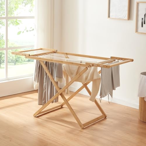 [en.casa] Wäscheständer Fakala Standtrockner klappbar Bambus 154 x 59 x 82 cm Flügelwäschetrockner mit Wäscheleinen Badezimmer Balkon