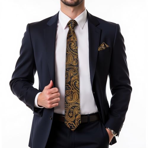 Image of DiBanGu Extra Long Tie for Men 63 inch XL Silk Necktie Set | Pocket Square and Cufflinks, Big and Tall, Jacquard Woven, Gift Box, Paisley /Plaid /Solid /Striped, for Weddinng Party Business