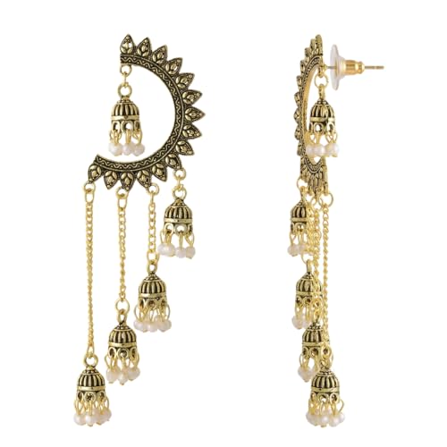 Image of WORLD CRAZE Multicolour long kashmiri jhumka for women chandbali earrings chand baliyan | kashmiri earrings for women | bahubali earrings stylish | Traditional Indian Festive Jewelry | Long Chain Tassels | Pearl Drop Latkan Jewellery (Multi colour)