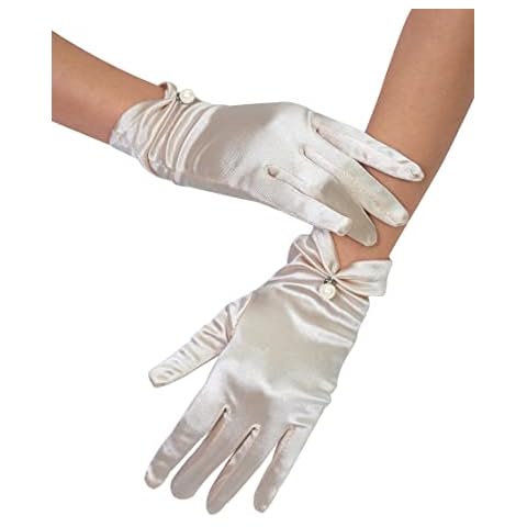 QRBTSCL Women's Short Satin Gloves for Wedding Wrist Short Evening Party Dressy Bridal Satin Gloves with Pearl Champagne Cover