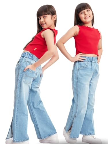 Image of olele Girls Super Jeans Collection for 4-14 Yrs | Stretchable Cotton Denim Trousers | Blue Jeans for Kids | Baggy Denim Pants | Cargo Pants for Girls