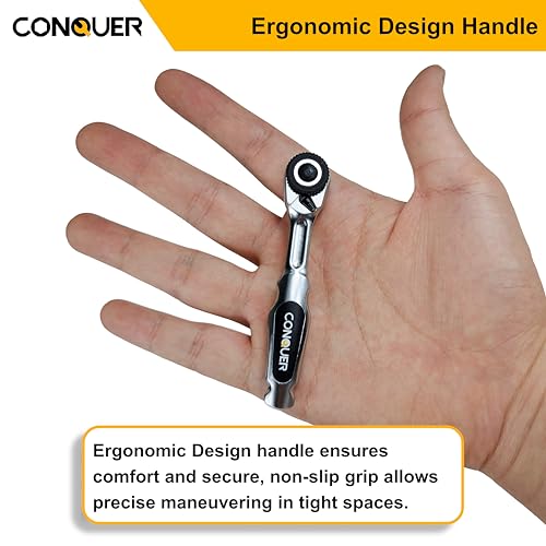 Image of CONQUER 22pc 1 /4 Ultra Low Profile Mini Ratchet Close Quarter Mini Screwdriver Set with High Torque - Right Angle EDC Tool with 72-Tooth Gear head and Spin Disk for Tight Spaces