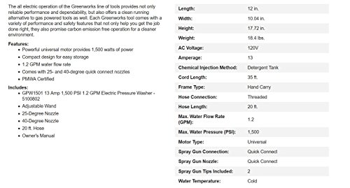 Greenworks GPW1501 1500 Psi 1.2 Gpm Pressure Washer (Upright Hand-Carry) Pwma Certified thumb #10