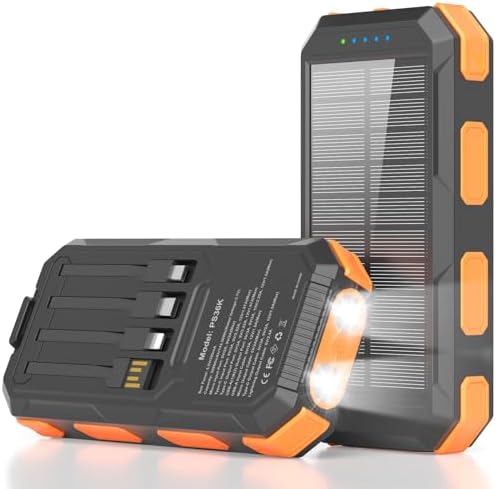 Solar Power Bank 38800mAh, Portable Charger, 4 Cables 4 Ports, PD...