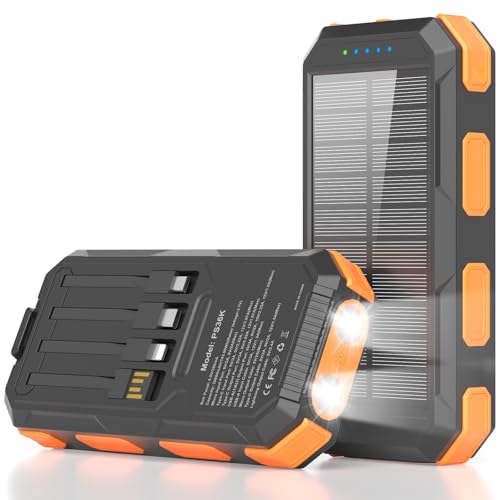 Solar Charger Power Bank 38800mAh, PD 22.5W USB-C Fast Charging Portable Charger with 4 Built-in Cables, External Battery Pack with Dual LED Emergency Flashlights for Camping, Hiking, Outdoor Use