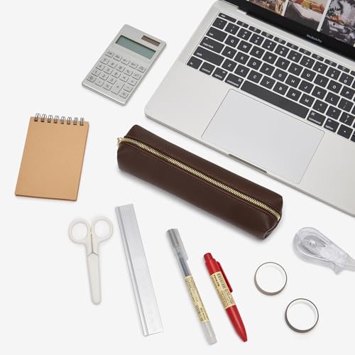Image of Faux Leather Color Pencil Case Multifuncional and Simple with Zipper for School (Dark Brown)
