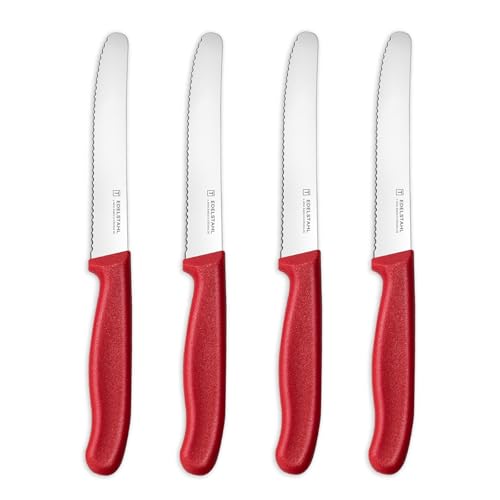 targzier Tomatenmesser,4 Stück,Frühstücksmesser mit Wellenschliff,Kunststoffgriff Brötchenmesser,Messerset Scharf,Rot Tafelmesser,Messer Küche...