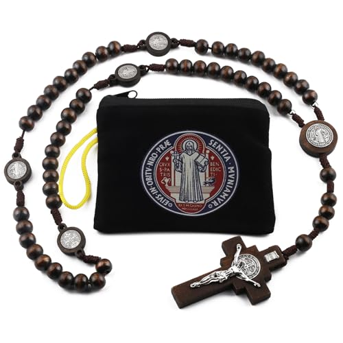Saint Benedict Wooden Rosary, Dark Brown with Crucifix and Velvet Pouch
