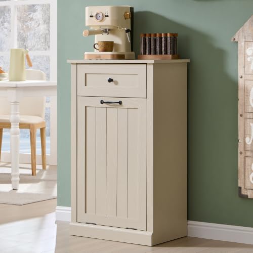Image of IFGET Tilt Out Trash Can Cabinet, Trash Cabinet w /Drawer, Cream
