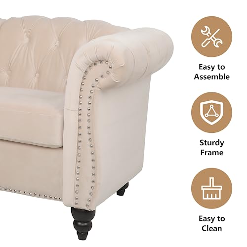 Image of QHITTY Accent Large Sofa, Chesterfield Couch 3 Seater Modern Velvet Couch Upholstered Sofa with Tufted Back for Living Room Furniture (Beige)