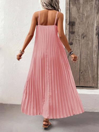 Image of Women's Summer Casual V Neck Sleeveless Strappy Pleated Flowy Loose Maxi Long Beach Dress