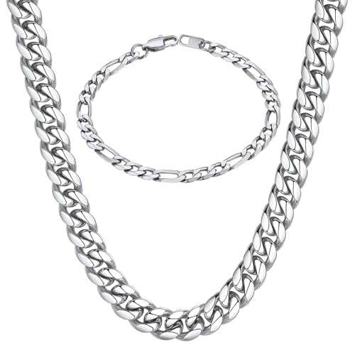 ChainsHouse Stainless Steel 10MM 22'' Miami Cuban Link Necklace+6MM 7.5" Figaro Chain Bracelet for Men