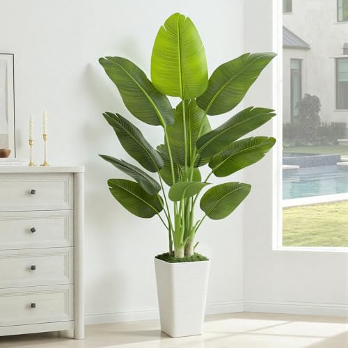 Image of Lifelike Bird of Paradise Artificial Plant 6ft Faux Banana Leaf TRE with White Tall Wavy-Textured Planter for Home Decor- perect Indoor Silk Floor Plant for Living Room Office Ambianc Enhancement