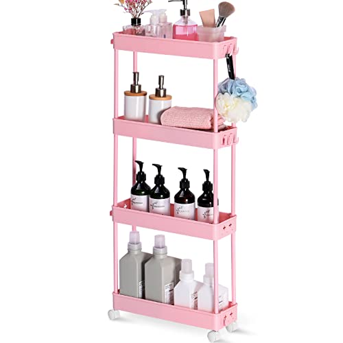 KINGRACK Carrito de Almacenamiento Delgado de 4 Niveles con Ruedas, 13 cm de Ancho, para Cocina o Sala de Estar, Lugares Estrechos, etc. Color Rosa