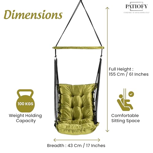 Image of Patiofy Jhula for Balcony /Swing for Balcony for Adult /Jhoola for Home /Wooden Swing Indoor /Hammock /Suitable for Indoor & Outdoor / 120Kgs Weight Bearing Capacity (Olive Green)