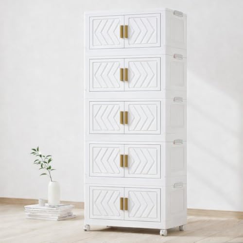 Owme Collapsible Plastic Wardrobe for Unisex | 5-Tier Multi-Layer Storage Cabinet with Doors & Drawers | Portable Clothes Organizer for Bedroom, Kids 