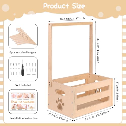 Image of Wooden Baby Shower Crate Closet, Baby Basket with Handle Baby Storage Crate Hamper, Baby Welcome Gifts with 6 Pieces Teddy Bear Wooden Hangers, Baby Personailzed Basket for Pregnancy New Parent