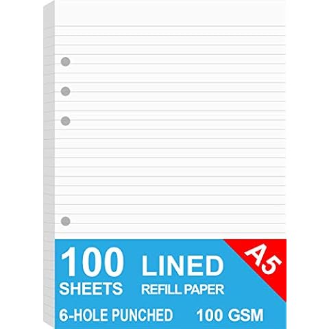 A5 Lined Paper, Refills for Filofax Planner, Organizer, Binders, 6 Hole Punched, 100 Sheets/200 Pages, 100gsm, White, 5.8 x 8.2 Inch Cover