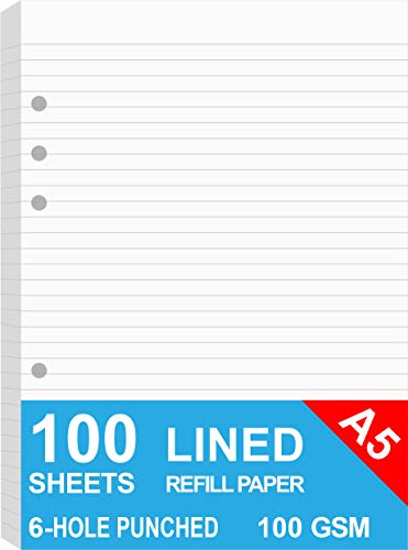 A5 Lined Paper Refills for Filofax Planner Organizer Binders 6 Hole Punched 100 Sheets/200 Pages 100gsm White 5.8 x 8.2 Inch