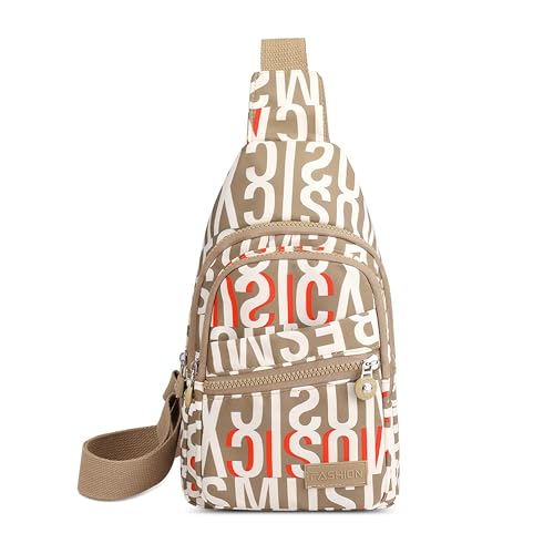FOLOVEYA Brusttasche für Damen Stylisch Umhängetasche Crossbody Bag Casual Sling Bag Anti-Diebstahl Schulterrucksack Klein Rucksack Polyester für Reisen Wandern Laufen Alphabet