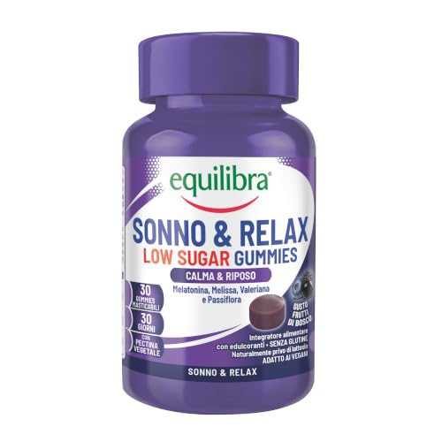 Equilibra Melatonina in Gummies Low Sugar, 1mg per Gummy, 30 Gummies | Adatto ai vegani, Gusto Lampone, Favorisce il Sonno e il Relax, con Estratti Vegetali, a base di Pectina, Senza Glutine