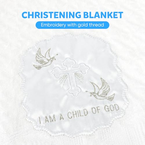 Image of Baptism Christening Gifts for Girls Boys White Baby Blanket Embroidered Shawl Towel Newborn Neutral Baptismal Gifts