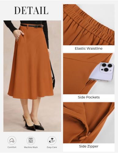 Image of Women's Business Casual Midi Skirt, High Waist Flowy Skirts with Pockets