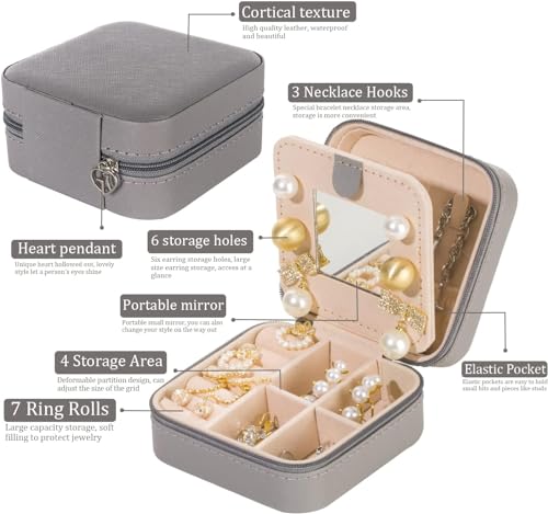 Image of KElofoN 5 packTravel jewelry case Travel jewelry box Travel Jewelry Organizer Small Jewelry Organizer Box for Girls Women with Mirror (Grey-5)