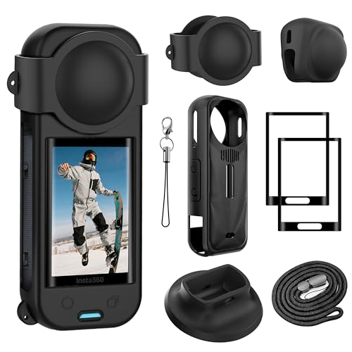 FiTSTILL Kit de protection pour Insta 360 X5, film de protection d'écran en verre trempé et coque en silicone et cache objectif en silicone et base de...