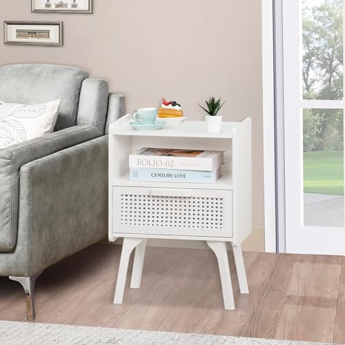 Image of Lerliuo Rattan Nightstands Set of 2, Side Table with Drawer Open Shelf, Cane Accent Bedside End Table with Solid Wood Legs, Mid Century Modern Night Stand for Bedroom, Dorm and Small Spaces (White)
