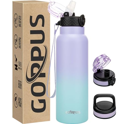 GOPPUS 750ml/26oz Stainless Water Bottle with Straw Double Wall Insulated Bottles with Strap Reusable Vacuum Thermal Flask Leakproof Keep Cold Drinks Bottles with Flip Top Lid for Men Women BPA Free