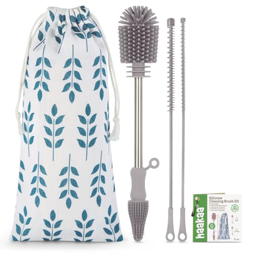 Image of haakaa Silicone Cleaning Brush Kit - SUVA Grey - Bottle Brush for Breast Pumps, Breast Milk Collector, Baby Bottles, Nipples, Breastmilk Storage Bags