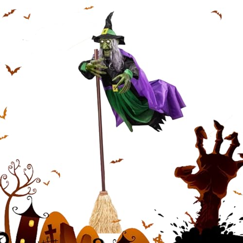 Flying Witch Halloween Decor Broom 6ft Scary Animated Witch Broom Flying Hover Witch with Glowing Eyes and Scary Sounds Halloween Decorations for House Garden Yard Indoor Outdoor(Type A)