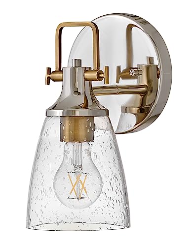 Image of Hinkley Easton 51270PN Single Light Bath Vanity Fixture, Modern Industrial, Clear Seedy Glass Shade, Mounts Up or Down, Polished Nickel and Heritage Brass