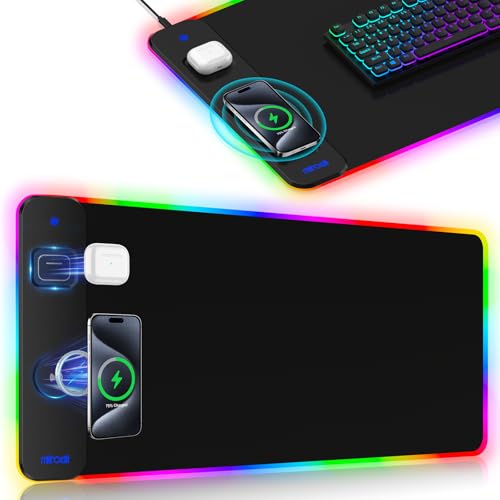 Image of Magnetic Charging Mouse Pad 31.5x15.75, 15W Fast Wireless Charging Desk Mat, XXL Desk Pad RGB Gaming Mousepad, Home Office Large Keyboard Pad with Ultra-Smooth Surface, Non-Slip Base