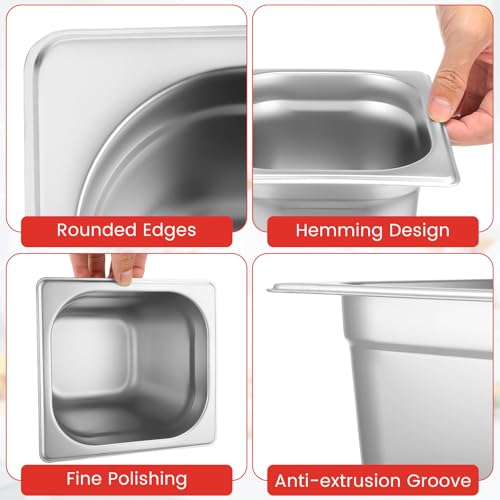 Image of Thenshop 10 Pack 1 /6 Size 6 Inch Deep Hotel Pans Stainless Steel Steam Table Food Pan Commercial Metal Food Catering Tray Anti Jam for Hotel Restaurant Buffet Party Supplies(European)
