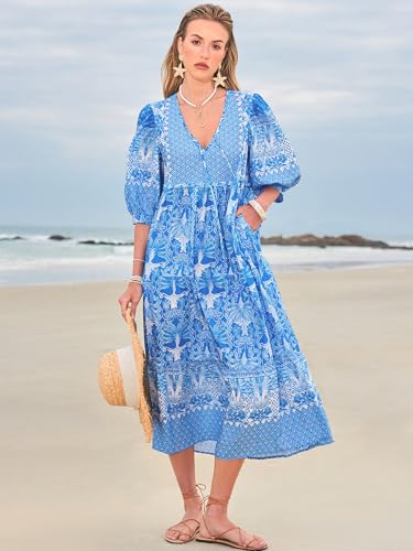 Image of LUXVEER Women's Floral Boho Maxi Dress 2026 Summer V Neck Puff Sleeve Casual Loose Flowy Long Beach Dresses