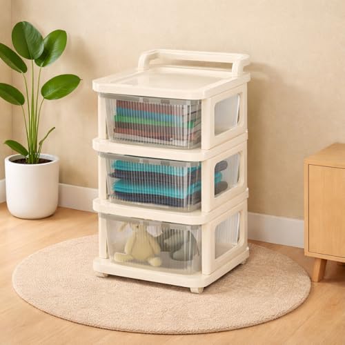 Image of KITCHIVO Heavy Duty Plastic Storage Drawer with Wheels | Modular Cabinet for Bedroom, Office, Home or Classroom| Chest of Drawers Organiser for Cosmetics, Kitchen items, Toys (White, 3)