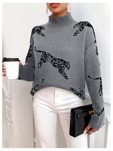 Image of WDIRARA Women's Leopard Tiger Print Sweater High Neck Long Sleeve Fuzzy Knitted Pullover Top