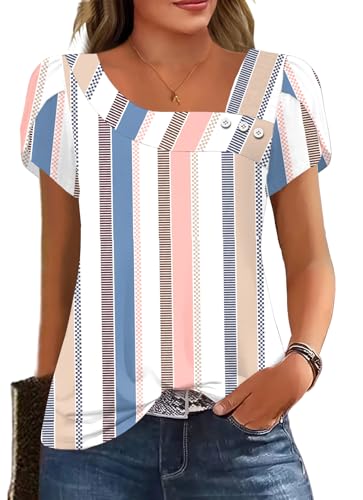 Image of Womens Petal Sleeve Tops Summer Trendy T Shirt Casual Loose Square Neck Button Blouse Tees