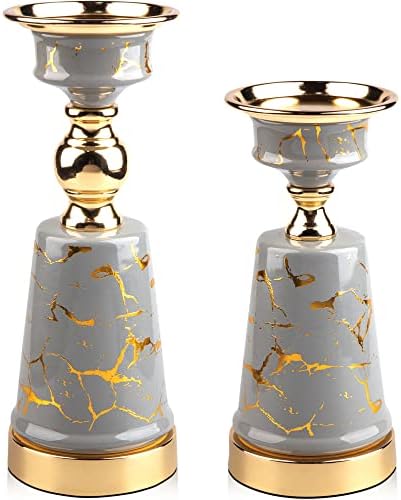 Gray and Gold Pillar Candle Holders Set of 2 - Elegant Decorative Stands for Table Centerpiece - Sturdy and Rust-Resistant Zinc Ceramic Base for Dining Room, Living Room, Bedroom, Home Decor Accents