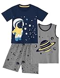 Unnivoll Toddler Boy Clothes Outfit 100% Cotton Boys Summer Outfits Short Sleeve T-Shirt Tank Top and Shorts 3Pcs Boys' Clothing Sets 3T Dark Blue Astronauts