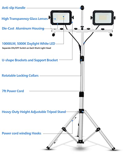 Ufond 10000 Lumen Led Work Light With Stand,Detachable Waterproof Dual Head Work Lights,Individual Switch Floodlight With Telescopingtripod,Work Lamp With Power Cord For Construction Site #TOP2