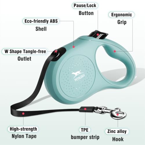 Image of Petology Retractable Dog Leash | 5 Meter (16ft) Nylon Tape | for Dogs Upto 15kgs | Heavy Duty Rope, 360 Tangle-Free, One-Hand Brake & Lock System, Anti-Slip Comfortable Grip