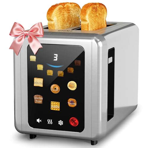 WHALL Touch Screen Toaster 2 Slice, 1.5'' Extra Wide Slot Smart Toaster with Digital Timer, 6 Bread Types & 6 Shade Settings, Crumb Tray, Reheat/Defrost, Stainless Steel Bread Toasters, Silver