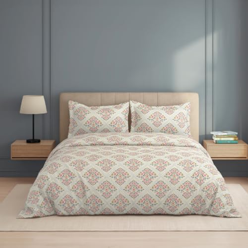 Image of Welspun Zen Microfiber Floral Double Bedsheet with 2 Pillow Covers | Percale Bed Sheet | Skin Safe, Breathable & Easy Care Bedding Set | Gift Set | Beige | 220 x 240 Cm