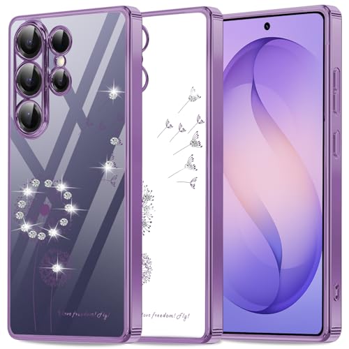 Coque Samsung S26 Ultra violette transparente pailletée avec motif pissenlit