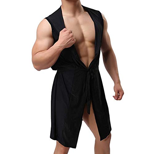 Men's Silk Kimono Robe Hooded Sleeveless Long Bathrobe, Lightweight Sleepwear Pajamas (Color : Black, Size : Medium)2